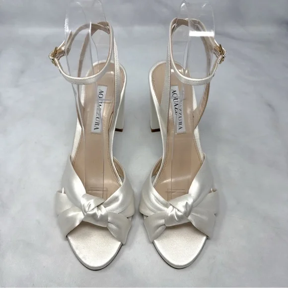 Aquazzura Nina 85 Silk Satin Knot Ankle Strap Block Heel Sandals Bridal White - Picture 4 of 16